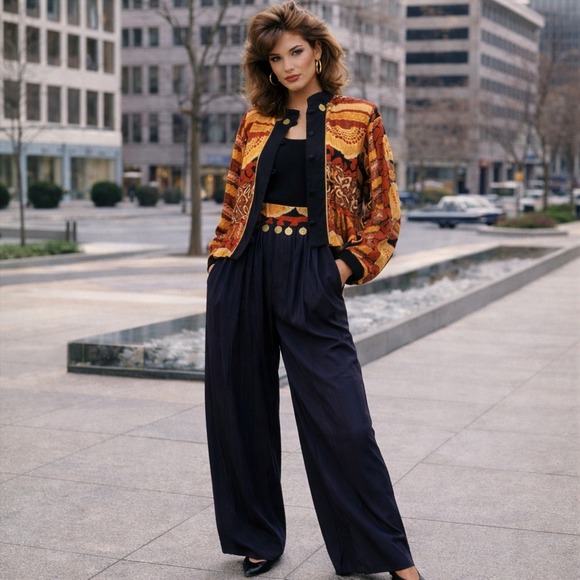 Vintage Pants - Vintage 80s Abstract Print Gauze Jacket and Wide Leg‎ Coin Detail Pant Set